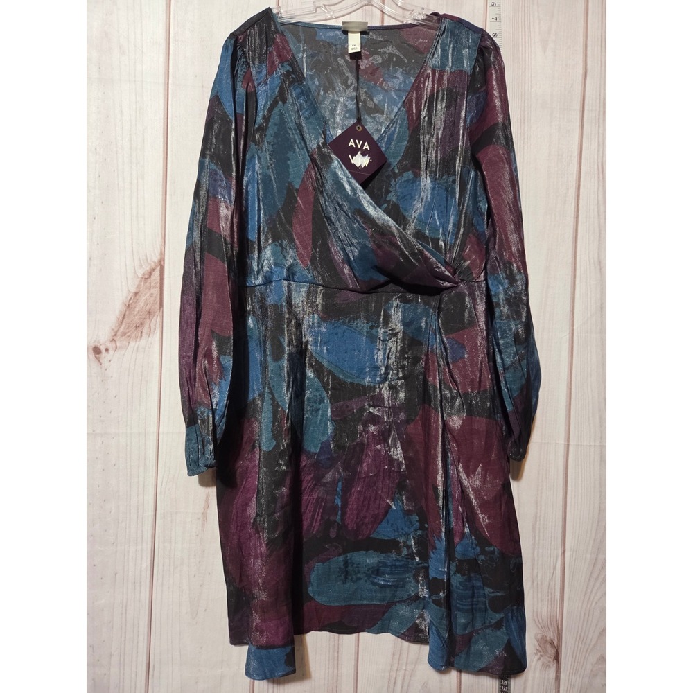 Ava & Viv Womens Plus Size XXL Wrap Dress Metallic Floral Long Sleeve